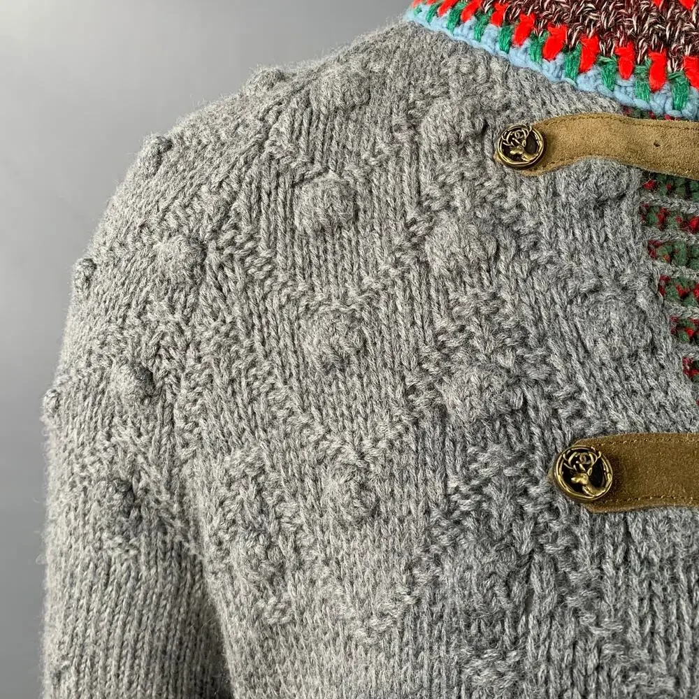 CHANEL Grey Multi Color Wool Cable Knit Bobble Leather Trim Jacket